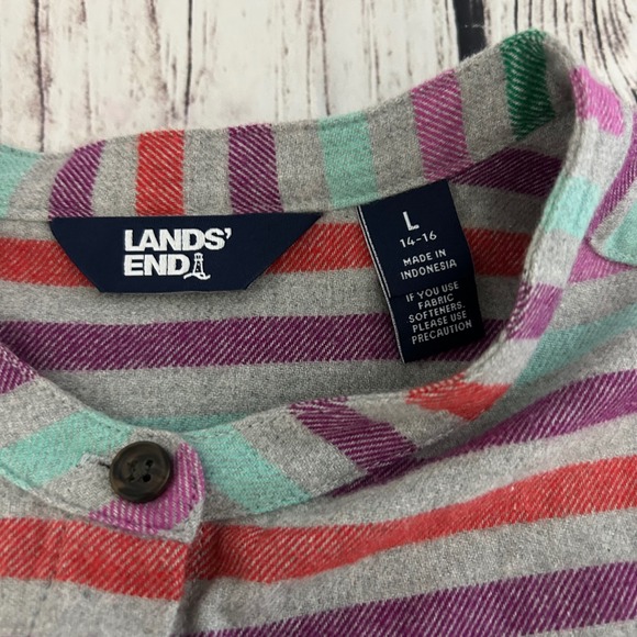 Lands End Women L14-16 Flannel Tunic Mandarin Collar Striped Cotton Shirt Pocket - Picture 5 of 9